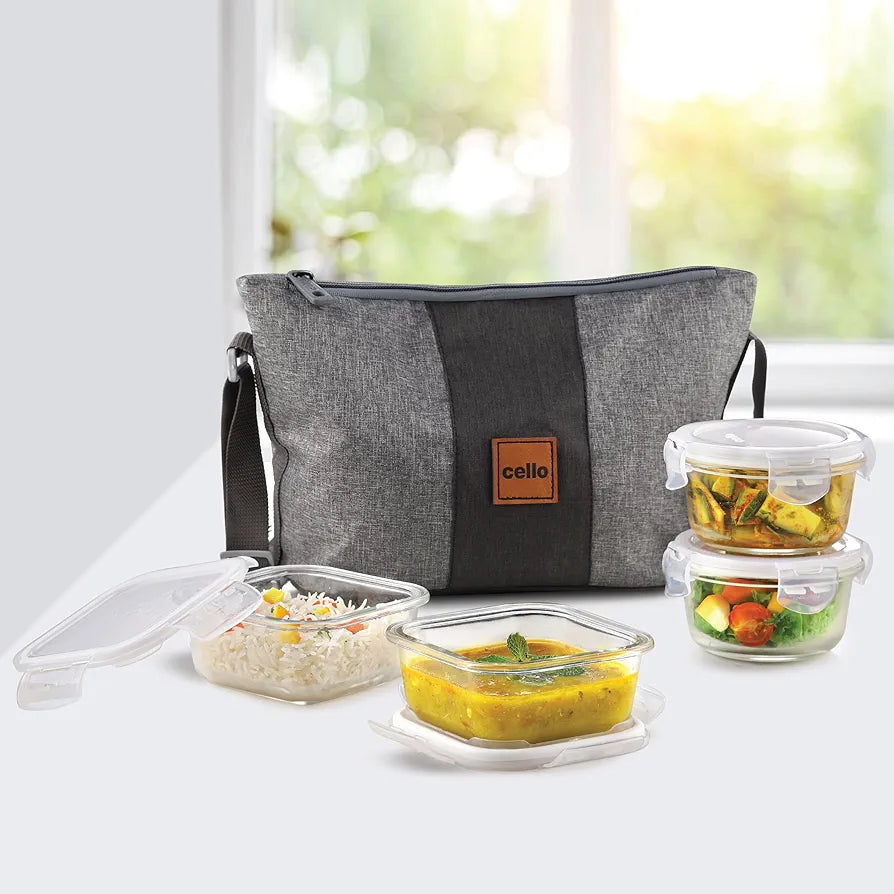 CELLO Glassy Square Lunch Box Set of 4 , Clear | Leak-Proof Toughened Microwavable Glass | Perfect Lunch Box Set for Office, School & College
